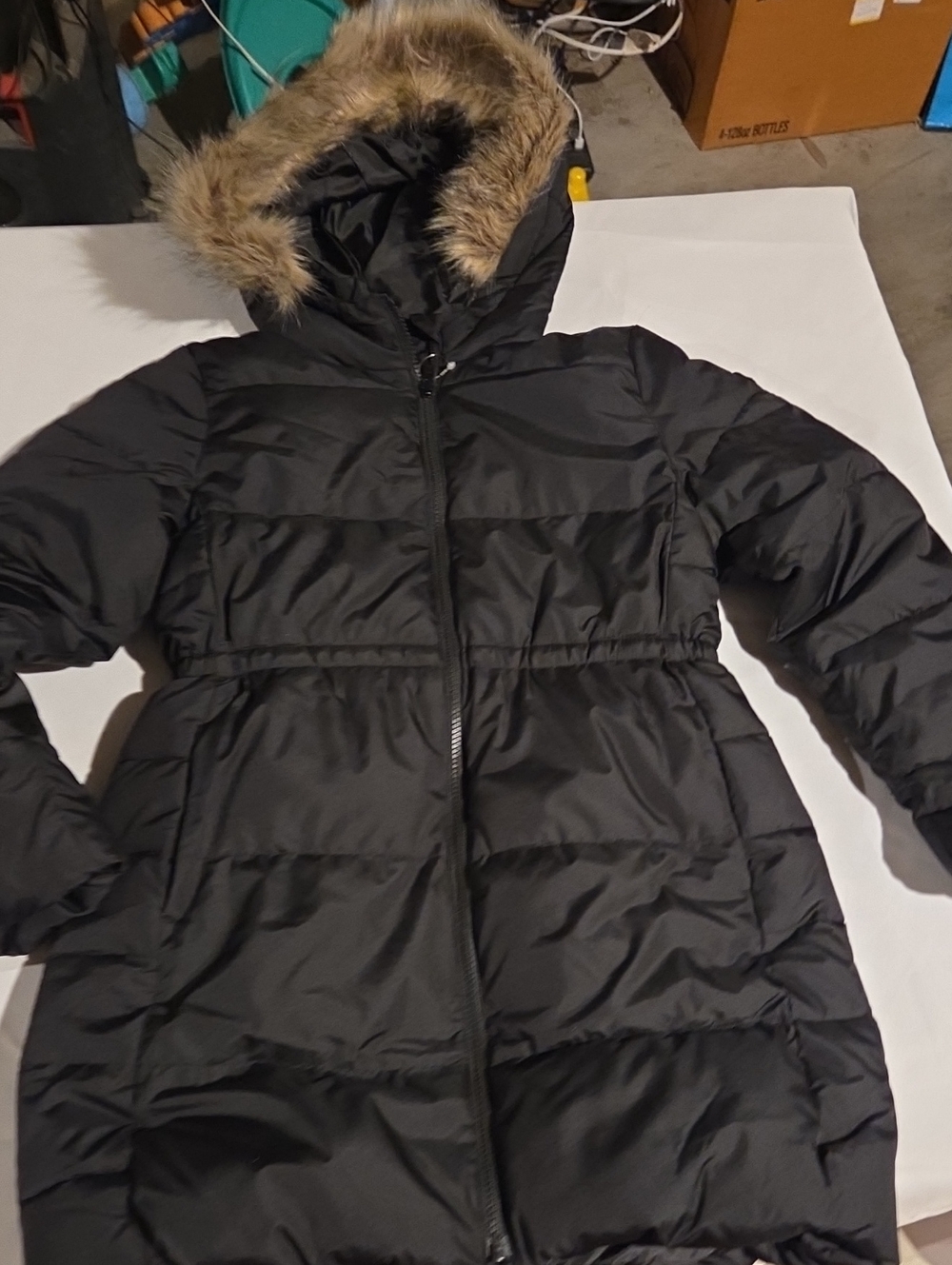 GAP Black Women's Long Puffer Coat with Faux Fur Hood Trim